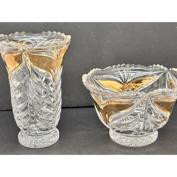 Vintage Set of 2 - Anna Hutte Bleikristall Crystal Vase & Dish Gold Wing Design - Picture 1 of 13